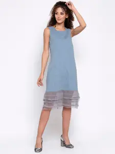 LELA Women Blue & Grey Solid Leather Sheath Dress