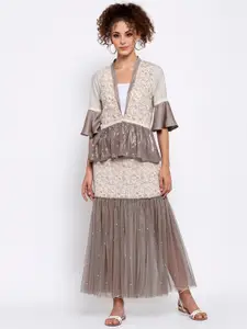 LELA Women Beige Shrug with Embroidered