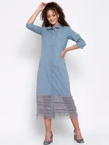 LELA Women Blue & Grey Solid Suede Shirt Dress