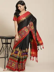 SERONA FABRICS Black & Red Embellished Kutchi Embroidery Silk Cotton Saree