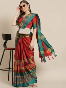 SERONA FABRICS Women Red & Green Mirror Work Embroidered Silk Cotton Saree