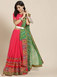 SERONA FABRICS Green & Pink Bandhani Pure Georgette Half and Half Bandhani Saree