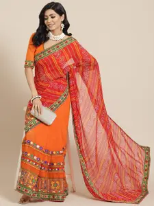 SERONA FABRICS Red & Orange Bandhani Pure Georgette Half and Half Bandhani Saree