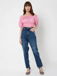 Vero Moda Pink Solid Off-Shoulder Cotton Bardot Crop Top
