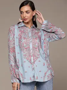 aarke Ritu Kumar Women Blue & Pink Ethnic Motif Print Casual Shirt