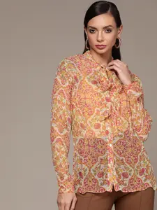 aarke Ritu Kumar Women Yellow Floral Print Semi Sheer Casual Shirt