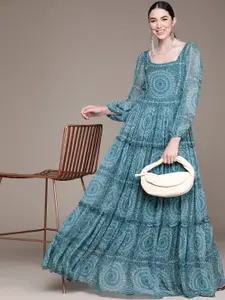 aarke Ritu Kumar Women Blue & Beige Ethnic Motifs Printed Georgette Maxi Dress