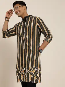 Taavi Men Black & Brown Striped Wild Tribe Printed Kurta