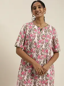 Taavi Women White & Pink Sanganeri Hand Block Print Pure Cotton Ethnic Sheath Dress