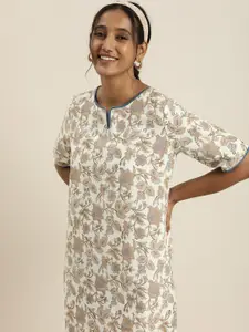 Taavi Women White & Brown Sanganeri Hand Block Print Pure Cotton Ethnic Sheath Dress