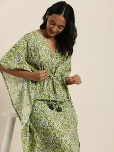 Taavi Taavi Women Green & White Sanganeri Printed Nightdress With Tie-up Detail