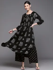 Libas Women Black & Grey Floral Print Round Neck Accordian Pleats Rayon A-Line Kurta