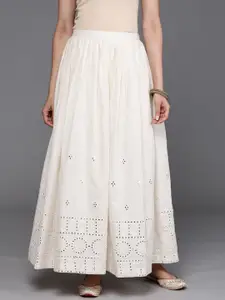 Libas Women Off-White Cotton Schiffli Embroidered Pleated Mirror Work A-Line Maxi Skirt