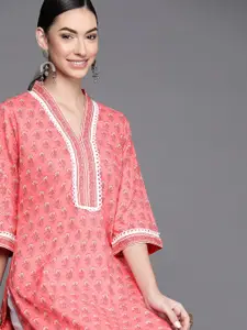 Libas Women Pink & White Floral Motifs Print V-Neck Flared Sleeves Laces Pure Cotton Kurta