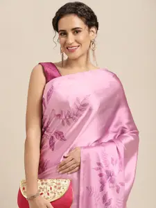 Mitera Pink Floral Satin Block Print Saree