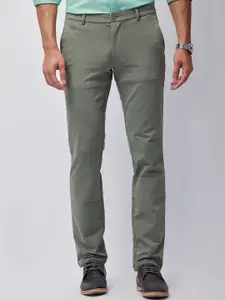 J Hampstead Men Olive Green Wrinkle Free  Smart Slim Fit Cotton Trousers