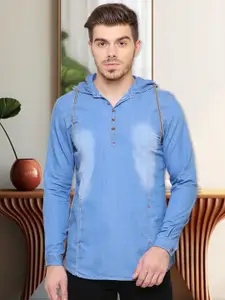 Kuons Avenue Men Blue Smart Slim Fit Denim Hooded Casual Shirt