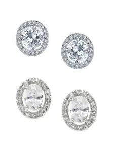 OOMPH Set Of 2 Silver-Toned & White Geometric Studs Earrings