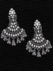 OOMPH Silver-Toned & White Mirror Kundan Floral Drop Earrings