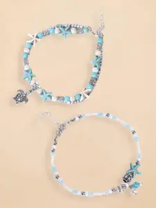 OOMPH Set of 2 Turquoise Blue and white Sea Shell & Pearls Bohemian Anklet
