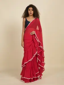Suta Red & White Pure Cotton Ruffle Saree With Lace