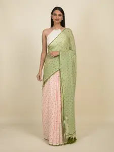 Suta Olive Green & Pink Polka Dotted Pure Cotton Saree