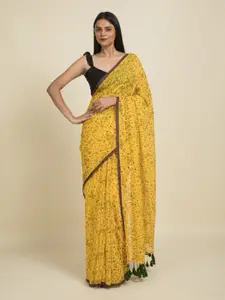 Suta Yellow & Brown Floral Printed Pure Cotton Saree
