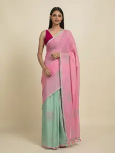 Suta Pink & Green Floral Pure Cotton Saree