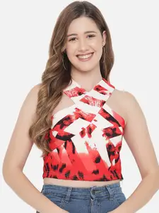 Orchid Hues Red & White Print Halter Neck Crop Top