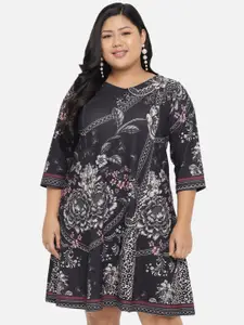 Amydus Plus Size Black Floral A-Line Dress