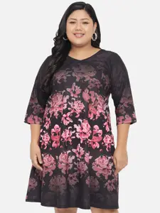 Amydus Plus Size Black & Pink Floral A-Line Dress