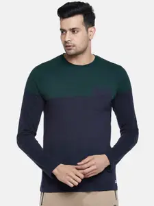 Ajile by Pantaloons Men Green & Navy Blue Colorblocked Pure Cotton Slim Fit T-shirt