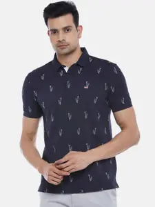 BYFORD by Pantaloons Men Navy Blue & White Printed Polo Collar Pure Cotton T-shirt
