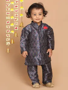 VASTRAMAY Boys Navy Blue Floral Printed Kurta with Pyjamas