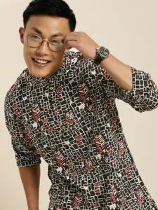 Taavi Men Black & Off White Printed Bagru Fossil Pure Cotton Kurta