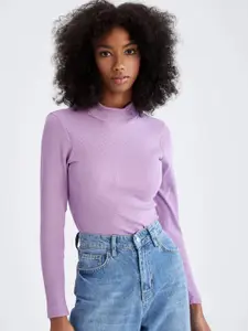 DeFacto Women Lavender Self-Striped High Neck T-shirt