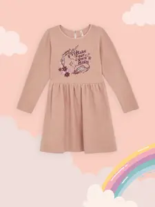 DeFacto Girls Peach-Coloured & Maroon Self Striped & Graphic Print Fit & Flare Dress