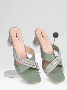 ZAPATOZ Green & Silver-Toned Embellished Party Block Heels
