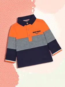 mothercare Boys Navy Blue & Orange Block Stripes Polo Collar Pure Cotton T-shirt