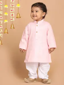 VASTRAMAY Boys Pink And White Cotton Blend Solid Kurta Pyjama Set