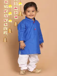 VASTRAMAY Boys Blue And White Cotton Blend Solid Kurta Pyjama Set