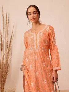 ADA Women Peach-Coloured & White Ethnic Motifs Chikankari Cotton Handloom Kurta