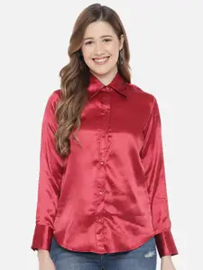 Orchid Blues Women Maroon Satin Classic Casual Shirt