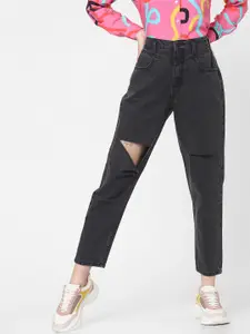 ONLY Women Black High-Rise Slash Knee Regular Fit Jeans