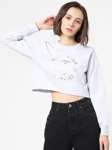 ONLY Women Grey & Gold-Toned Typography Printed Cotton Sweatshirt