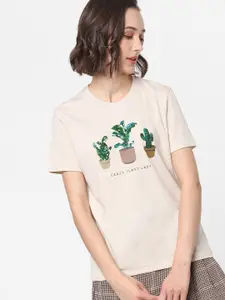 ONLY Women Beige Printed Tropical T-shirt