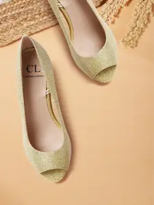 Carlton London Women Gold-Toned Woven Design Shimmer Peep Toe Kitten Heels