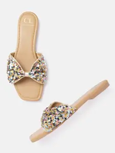 Carlton London Women Gold-Toned & Pink Sequinned Open Toe Flats with Bow Detail