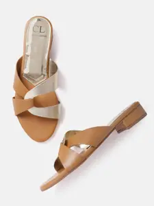 Carlton London Women Tan Brown & Gold-Toned Colourblocked Open Toe Flats