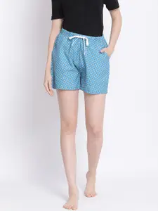 Kanvin Women Blue & Peach-Coloured Printed Lounge Shorts